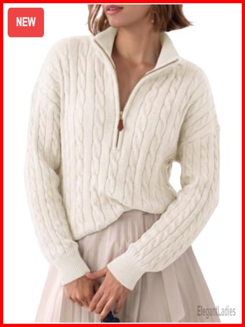 Womens Quarter Zip Ribbed Cable Knit Pullover Sweater V-Neck Long Sleeve